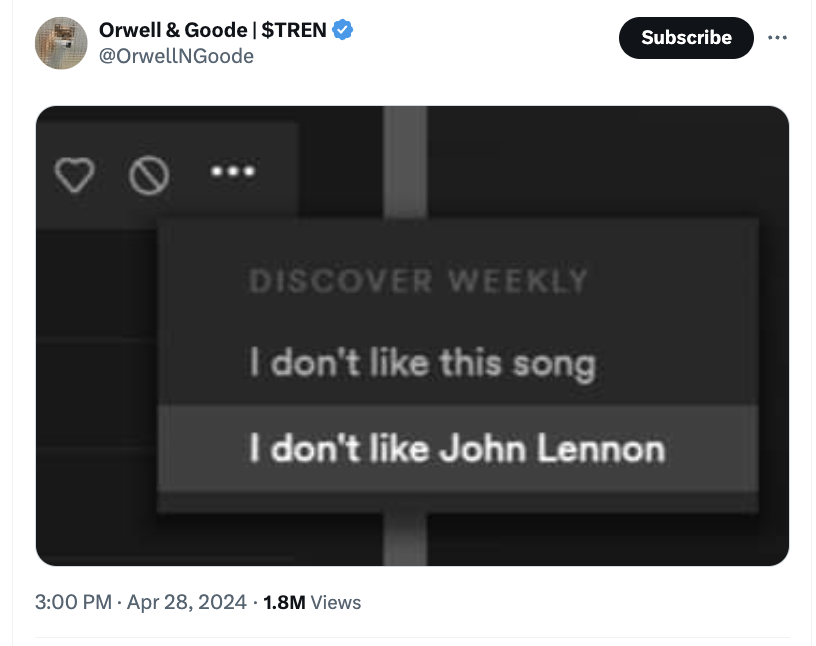screenshot - Orwell & Goode | $Tren Subscribe Discover Weekly I don't this song I don't John Lennon 1.8M Views